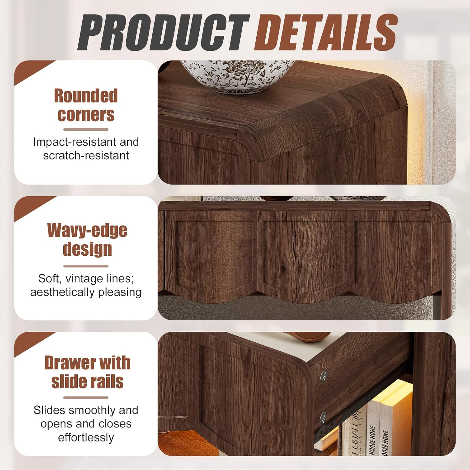 PAKASEPT Retro Entryway Table with RGB LED Lights, 43" Walnut Console Table with 3 Drawers & 2 Open Storage Shelves, Mid-Century Modern Hallway Accent Tables Behind Couch Table for Living Room