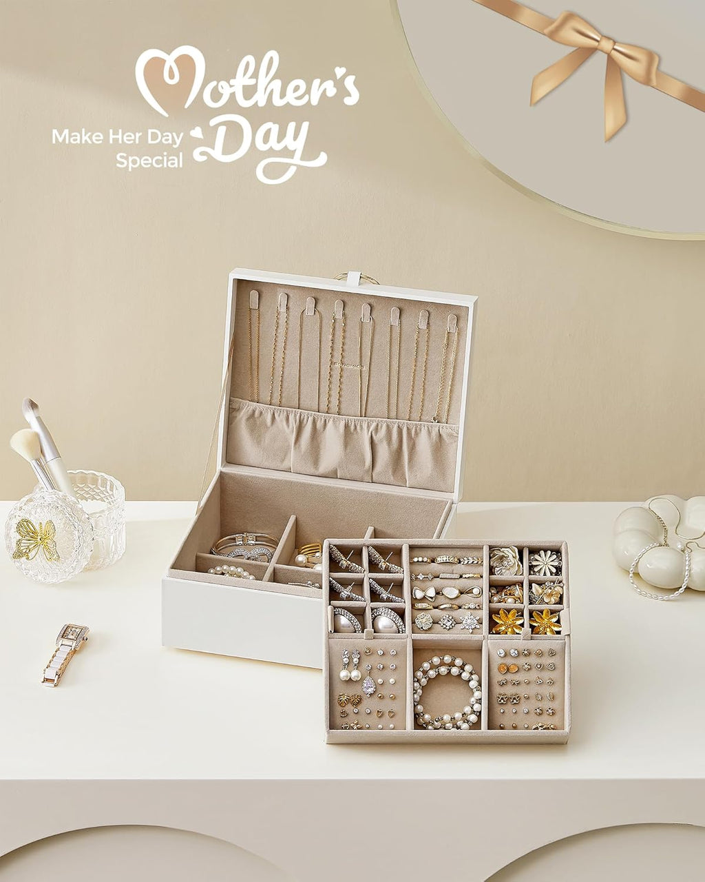 SONGMICS 2-Layer Jewelry Box, Jewelry Organizer with Handle, Removable Jewelry Tray, Jewelry Storage, Floating Effect, 8.1 x 9.4 x 4.3 Inches, Gift Idea, White UJBC165W01