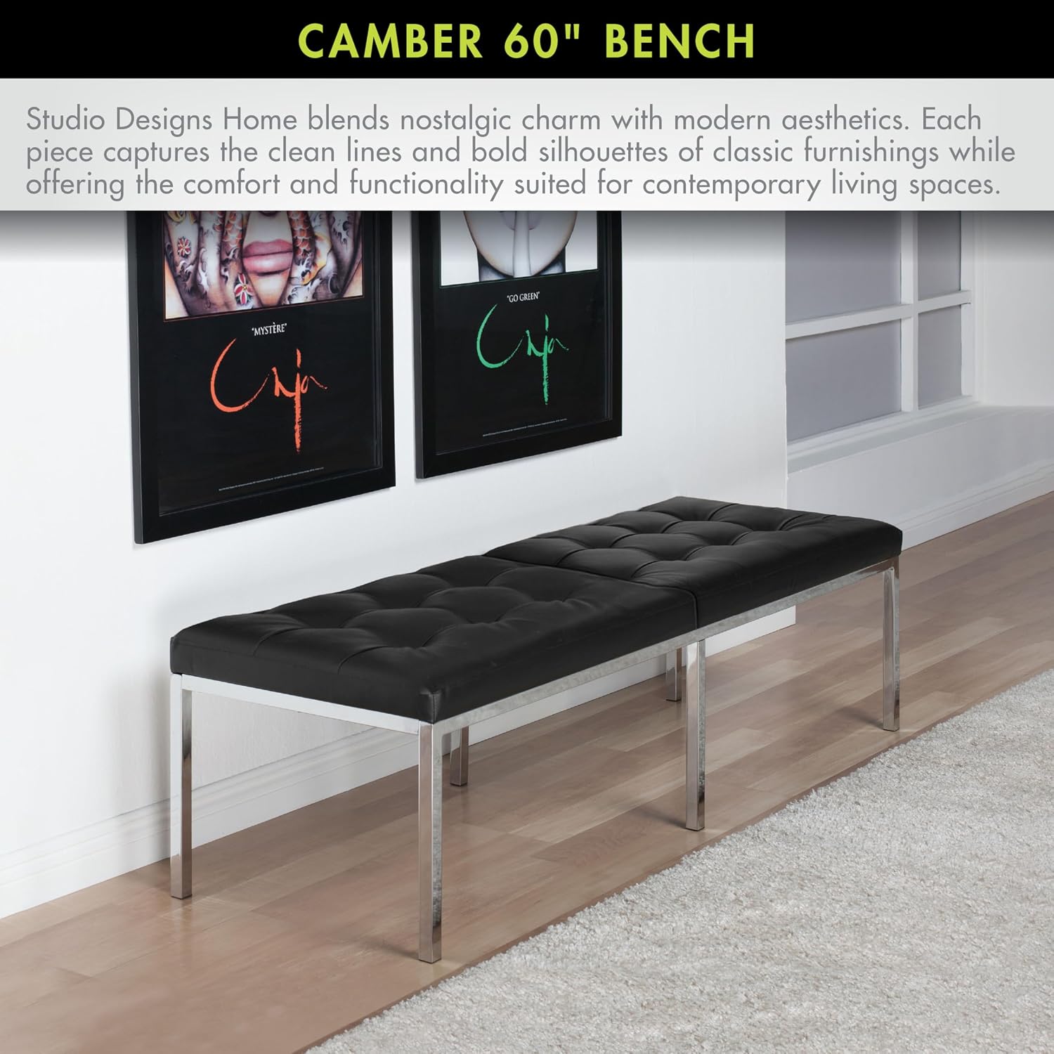 Studio Designs Home Camber Modern Dining Room 60" Legs and Tufted Faux Leather, Entryway or Livingroom Accent Bench, Chrome/Black