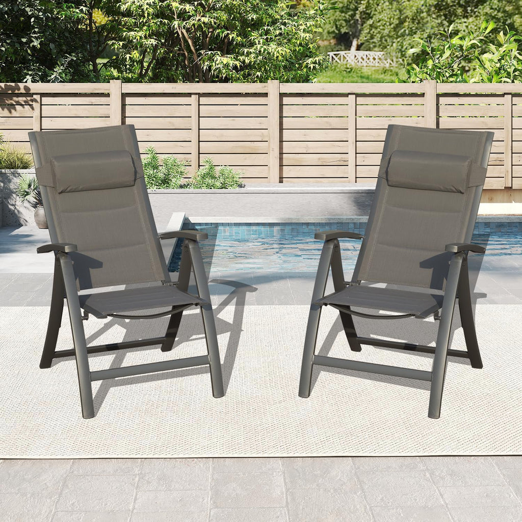Domi Patio Outdoor Sling Chairs Set of 2 with Moveable Headrest, Folding Chairs Outdoor Reclining Camping Chairs with Armrest Adjustable High Backrest and Padded Textilene Fabric Seat