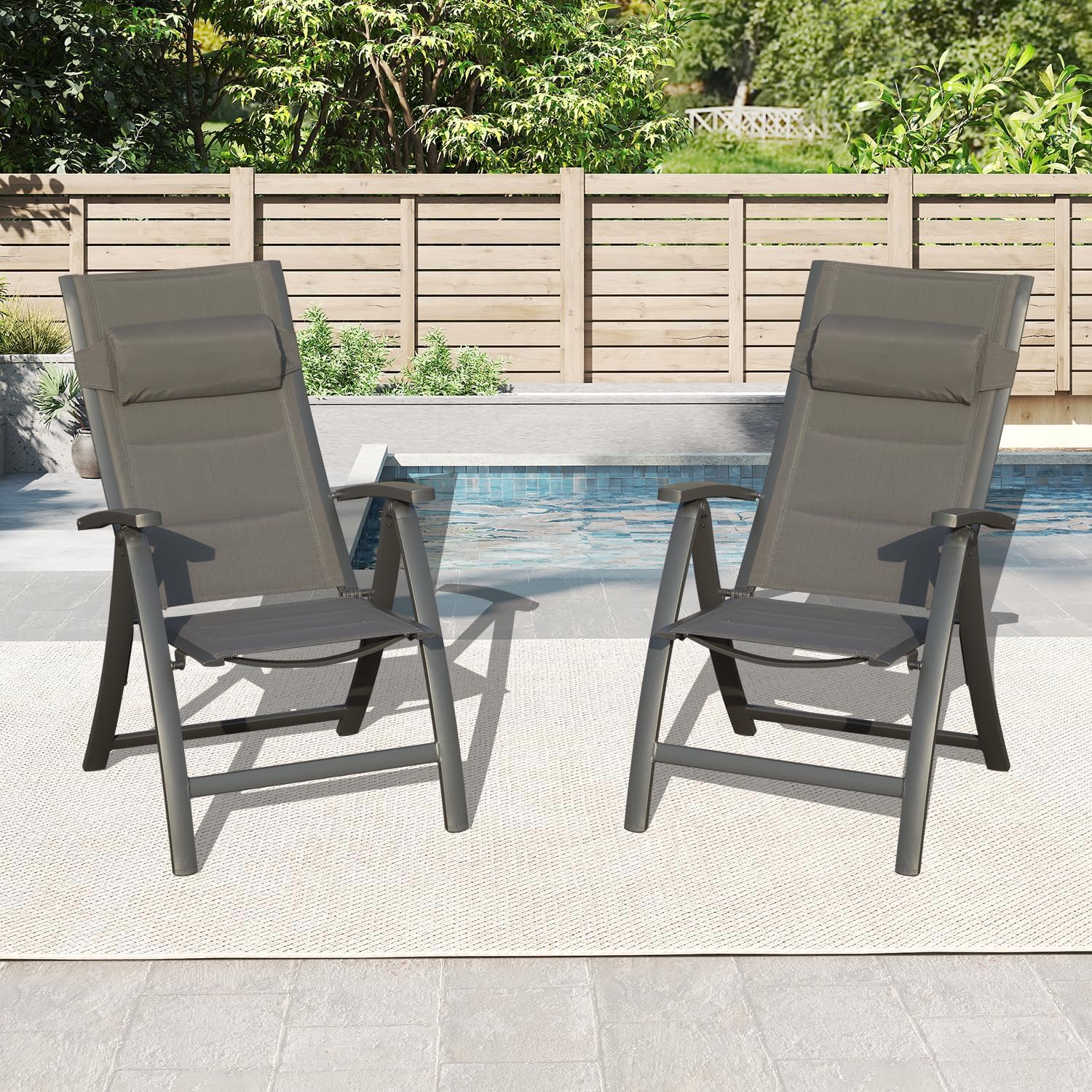 Domi Patio Outdoor Sling Chairs Set of 2 with Moveable Headrest, Folding Chairs Outdoor Reclining Camping Chairs with Armrest Adjustable High Backrest and Padded Textilene Fabric Seat