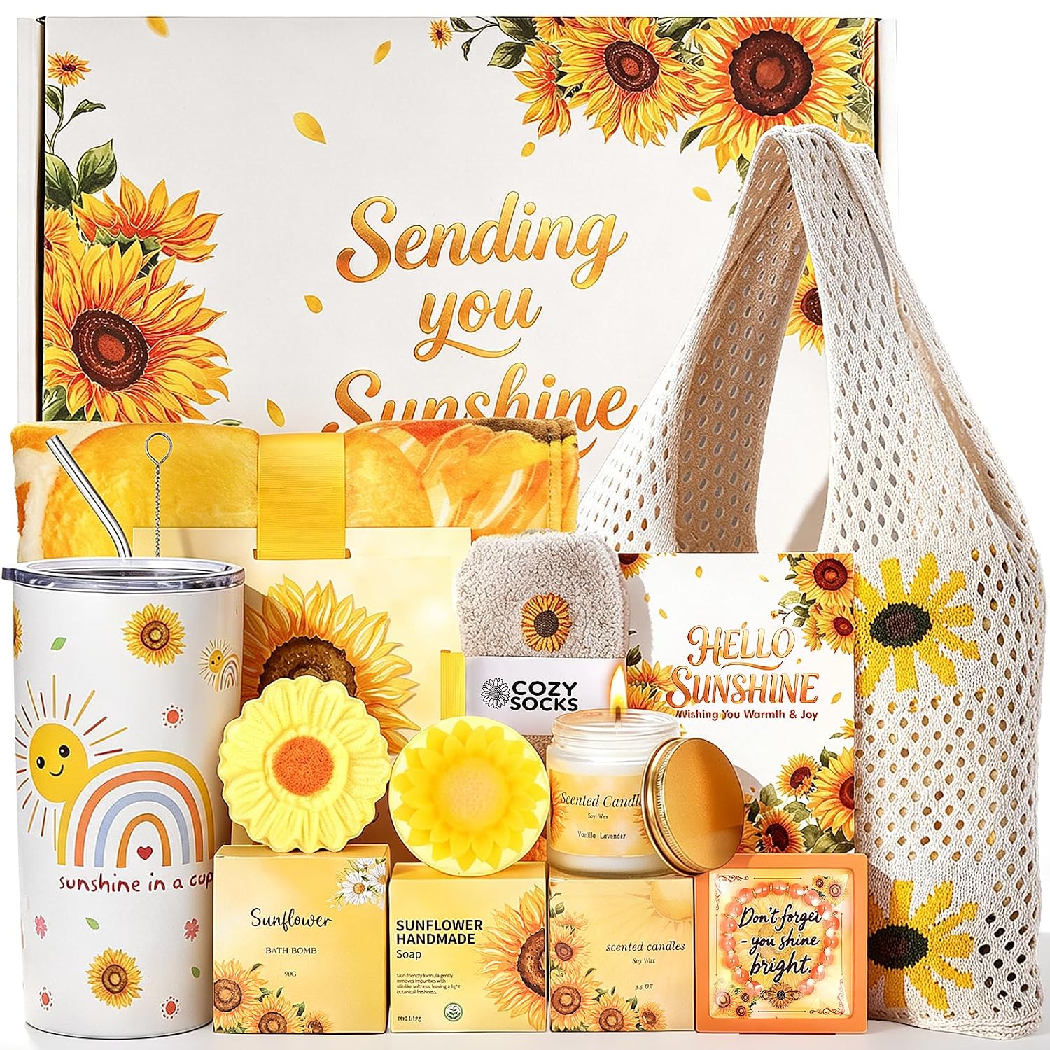Sunflower Gifts Tote Bag Gift Set for Womens Self Care Gift - Birthday Gifts Box for Women Mom Wife Sister Daughter Friend Coworker, Sunflower Gifts Basket Sunshine Box Care Package for Women Her