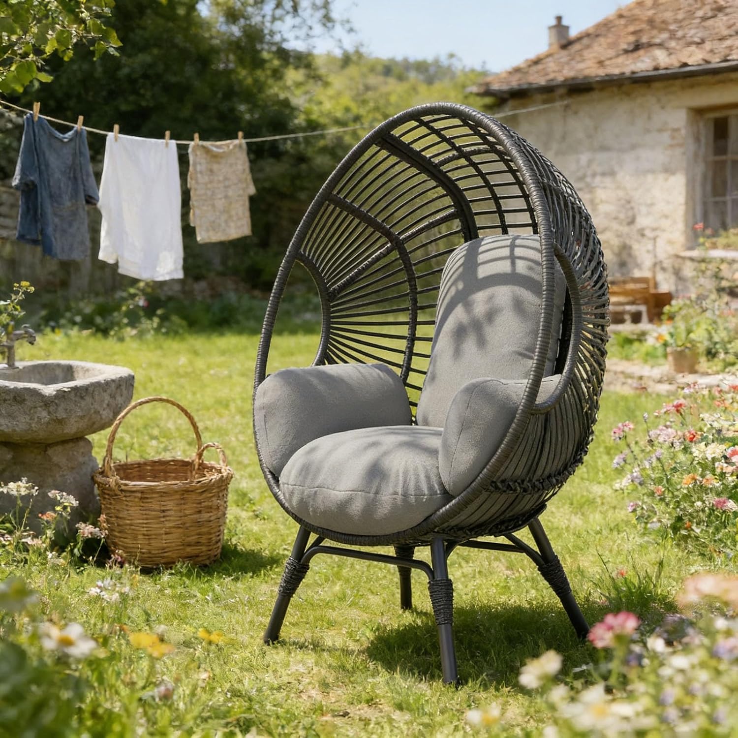 Indoor Outdoor Egg Chair, Wicker Design, 400lbs Capacity, 8-Inch Cushion Ergonomic Balcony Chairs(Black+Gray)