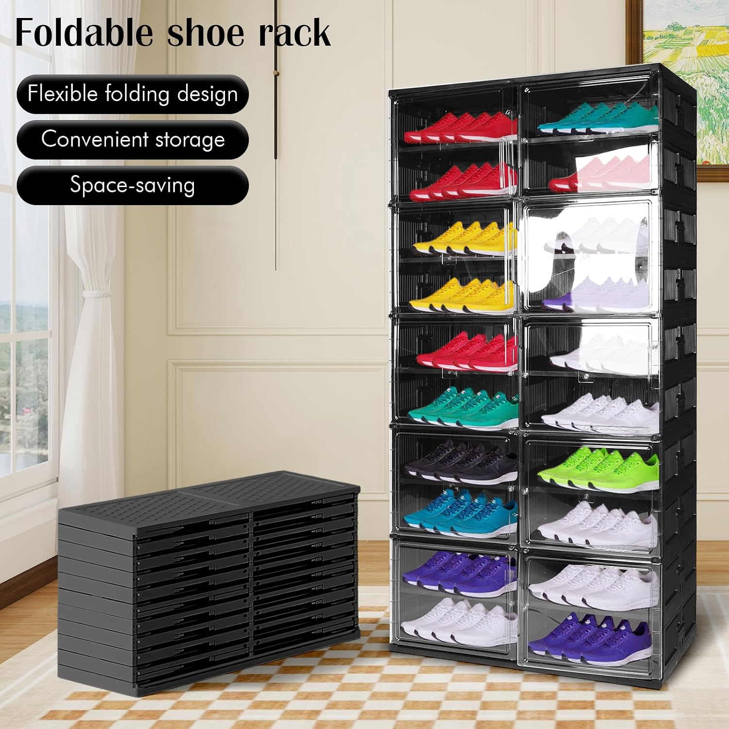 10 Tiers 40 Pairs Collapsible Shoe Rack Organizer with Doors Foldable Shoe Rack Organizer Cabinet for Closet Entryway Living Room