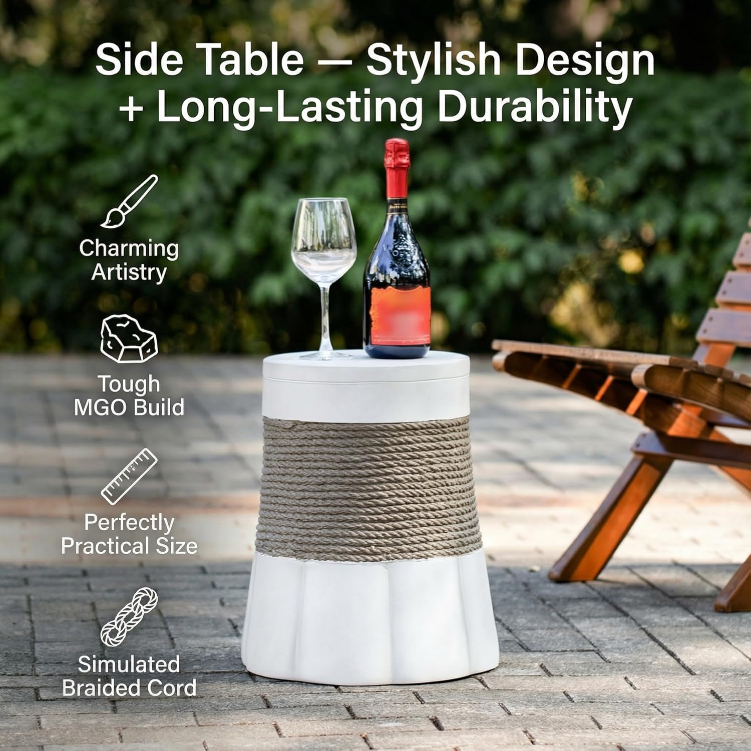 JIJIWANG 16.93" H Outdoor Stone Side Tables for Patio, Moden Coffee Table with Brown Retro Woven Rope and Fan-Base MGO, Small End Table for Home, Office, Living Room & Outdoor Brown+Gray