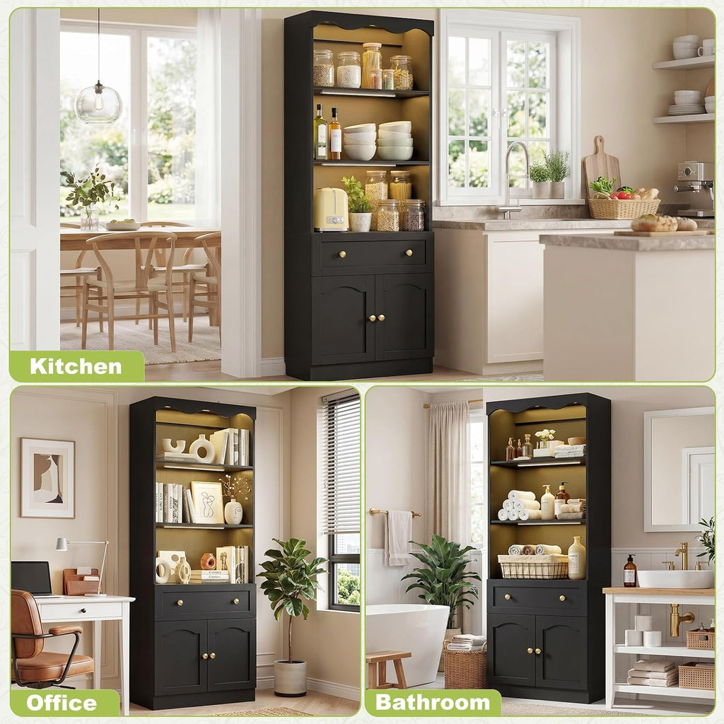 Cyclysio 80" Tall Pantry Cabinet with Motion Sensor LED Lights, Kitchen Storage Cabinet for Coffee Bar and Dining Room, Tall Bookshelf with 3.15" Baseboard Cutout, Drawer and Cupboard, Black