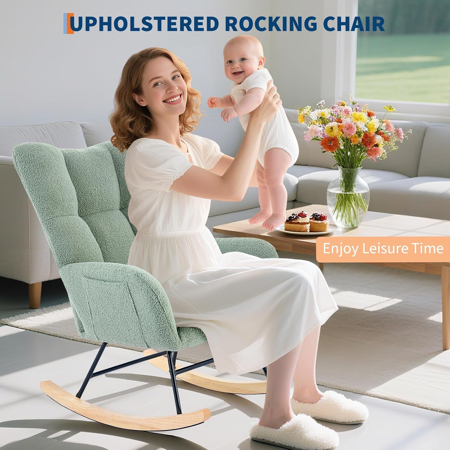 300lb Capacity Nursery Glider Rocker,Teddy Upholstered with Wood Legs for Living Room,Bedroom Nursery Includes Side Pockets