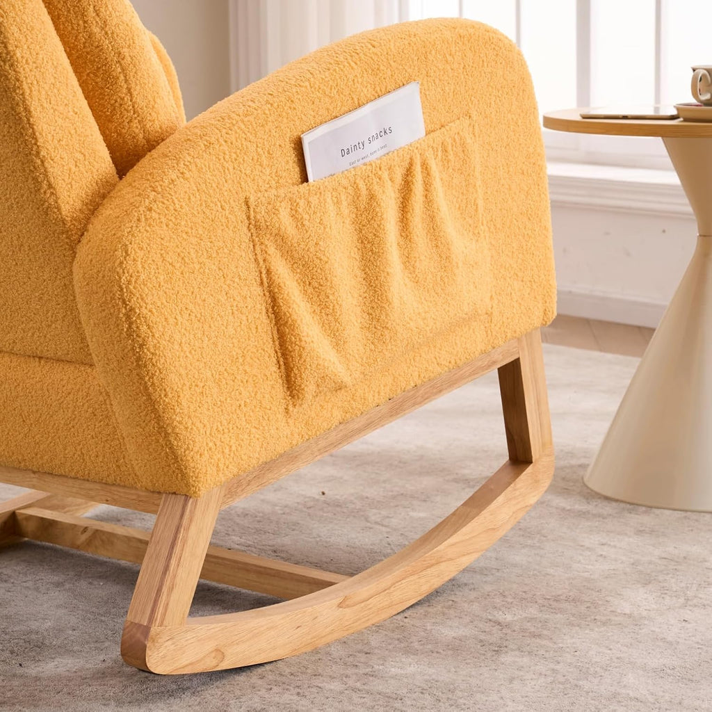 Rocking Chair, Nursery Rocker, Upholstered Accent Chair with Footrest, High Back Armchair for Living Room Bedroom, Yellow, Rubber Wood Legs, Side Pocket, 26.77D 38.36W 39.76H Inch