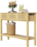 Entryway Table, Rattan Console Table with 3 Storage Drawers and Storage Shelf, Sofa Table with Socket, for Entryway, Living Room, Behind Couch and Hallway (Light Yellow)