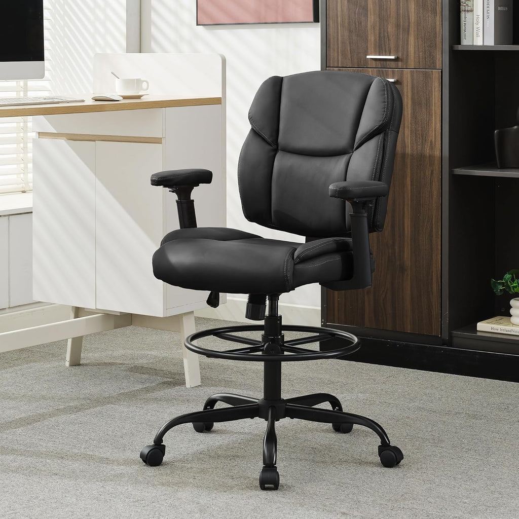 Okeysen Drafting Chair Standing Desk Chair, 500 LBS Leather Big and Tall Office Chair with Adjustable Armrests & Foot Ring, Modern Tall Desk Chair with Mid Back, Swivel Rolling Drafting Stool.