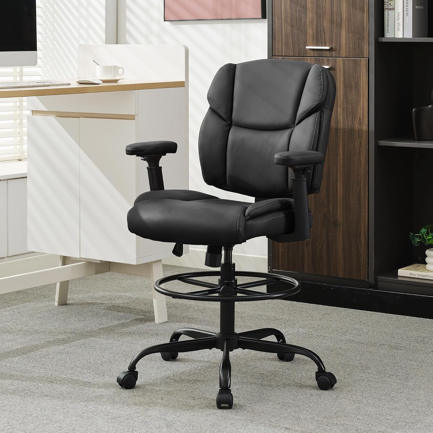 Okeysen Drafting Chair Standing Desk Chair, 500 LBS Leather Big and Tall Office Chair with Adjustable Armrests & Foot Ring, Modern Tall Desk Chair with Mid Back, Swivel Rolling Drafting Stool.