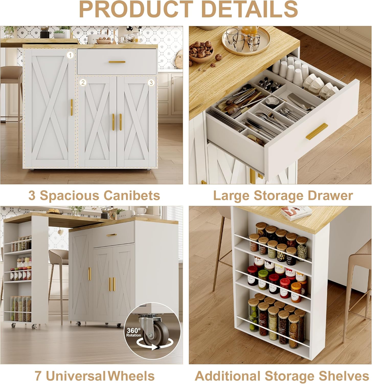 DreamDashio Kitchen Island with Storage, Rolling Kitchen Island with Swivel Table, Drawers & Shelves, Mobile Kitchen Island Cart with 360° Swivel Extendable Dining Table for Kitchen, Dining Room