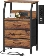 Furnulem Night Stand with Charging Station, 3 Fabric Drawers Bedside Table | Rustic Brown Dorm Nightstand For Bedroom, 28.3 Inch Tall, Usb Ports & Outlets, Side Table with Storage Shelf, 3 Ways to Use