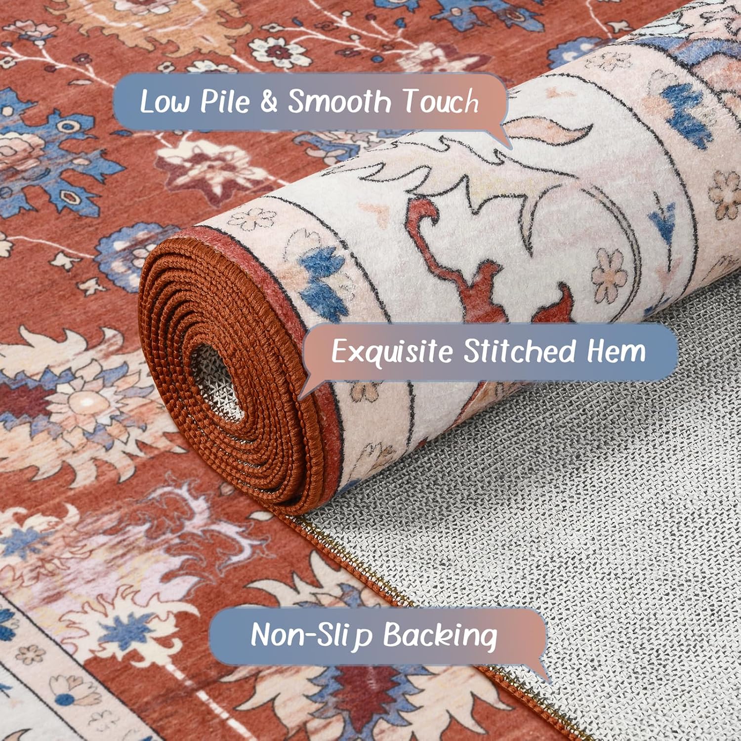Keeko 4'x6' Vintage Floral Area Rug for Living Room, Soft Washable Low-Pile Carpet with Non-Slip Backing, Non-Shedding Oriental Distressed Farmhouse Rug for Bedroom, Dining Room, Nursery & Home Office