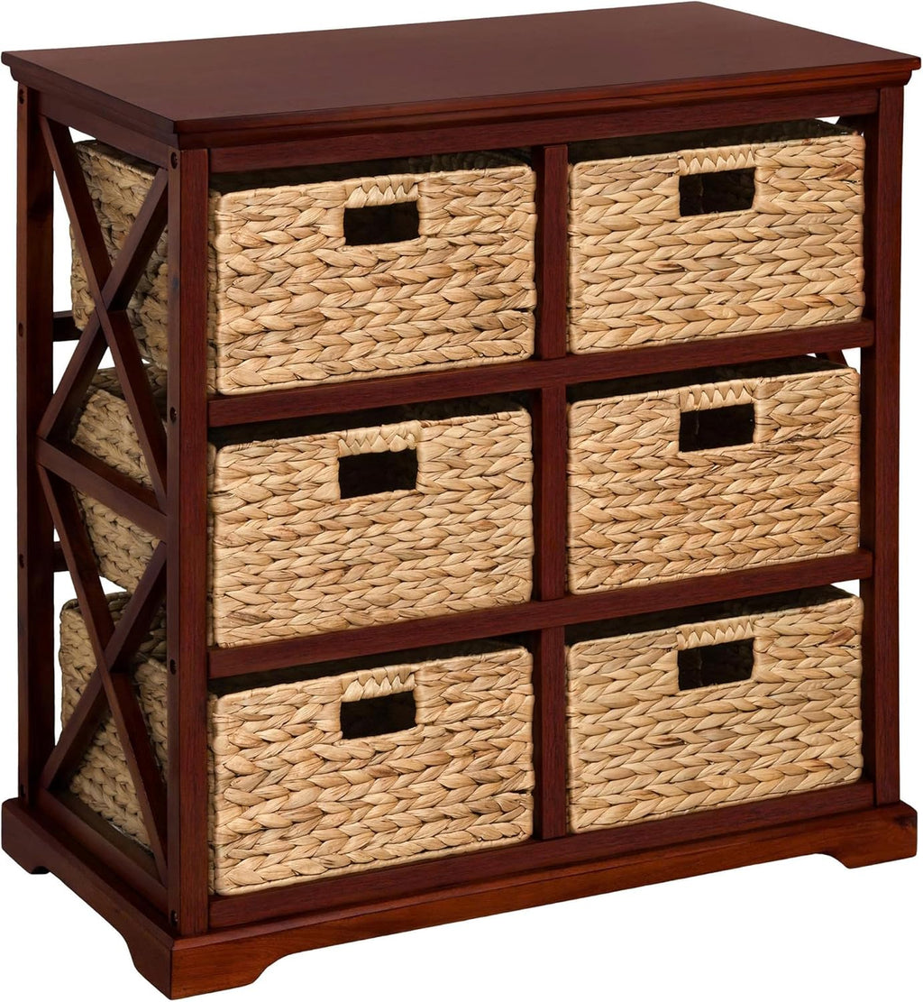 eHemco Hampton Meadows 3 Tier X-Side End Storage Cabinet with 6 Wicker Baskets, Cherry