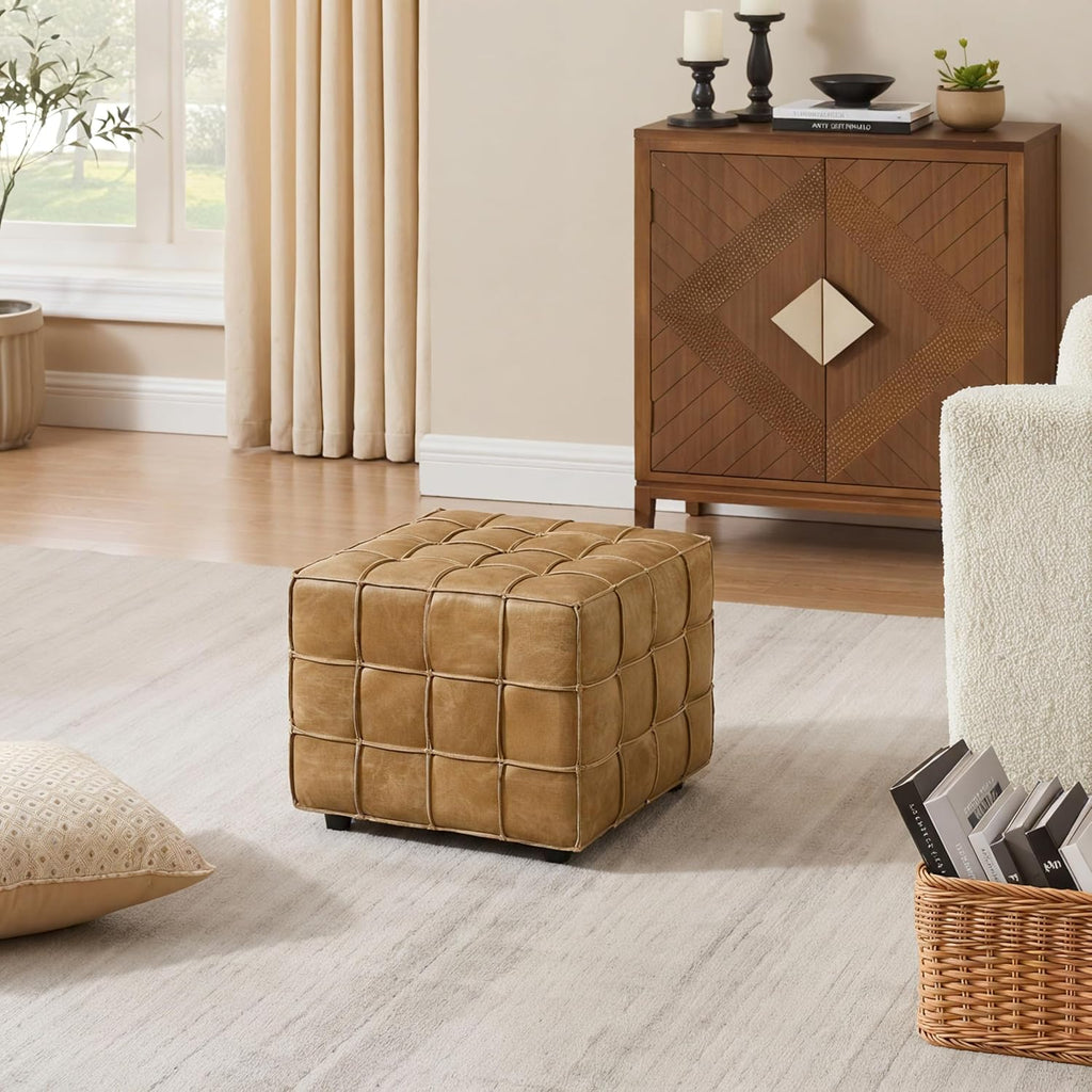 Art Leon Real Leather Ottoman - Square Foot Rest Footstool, Modern Sofa Stool for Living Room Bed Room,Light Brown