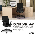 HON Ignition 2.0 Mid‑Back Ergonomic Office Chair, Mesh Task Seating with Lumbar Support, Advanced Synchro‑Tilt, Height and Width Adjustable Arms, Black Frame, Black