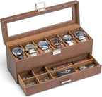 VLANDO Watch Box for Men, 6 Slot 2 Layer Watch Case, Brown | 6 slot 2 layer watch case with glass lid, lockable closure and lower storage for rings, keys and cufflinks
