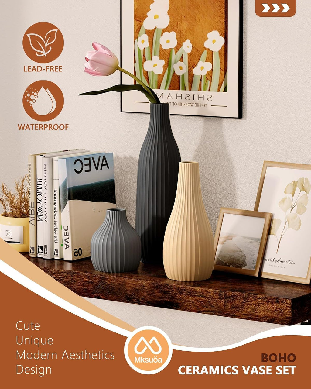 Decorative Flower Vase Set of 3 - Modern Boho Style Multicolor Vases, Ribbed Textures Ceramic Vase for Home Decor Shelf Bookshelf Mantle TV Stand Entryway Console, Dining Table Centerpiece Decor