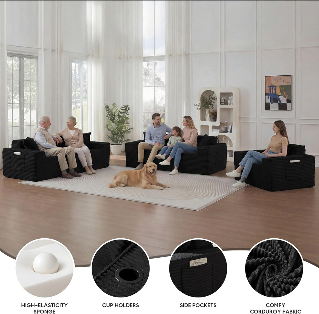 Boneless Sectional Sofa 3 Piece Set with Cup Holders & Side Pockets, Modern Corduroy Fabric Deep Seat Cloud Couch Living Room, Office, No Assembly (Black)