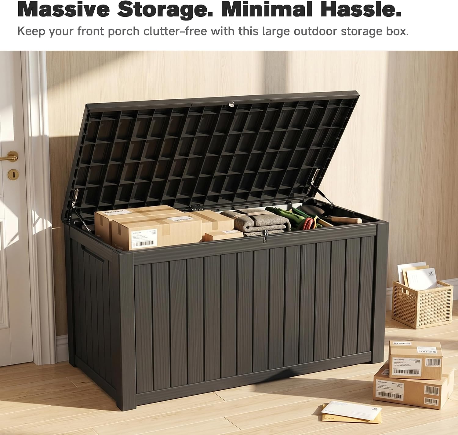 XXL Deck Box Outdoor Storage, Large Waterproof Resin Patio Furniture Cushion Organizer, Heavy Duty Lockable Garden Bench with Double-Wall Construction, Wood Grain Black (180, Gallons)