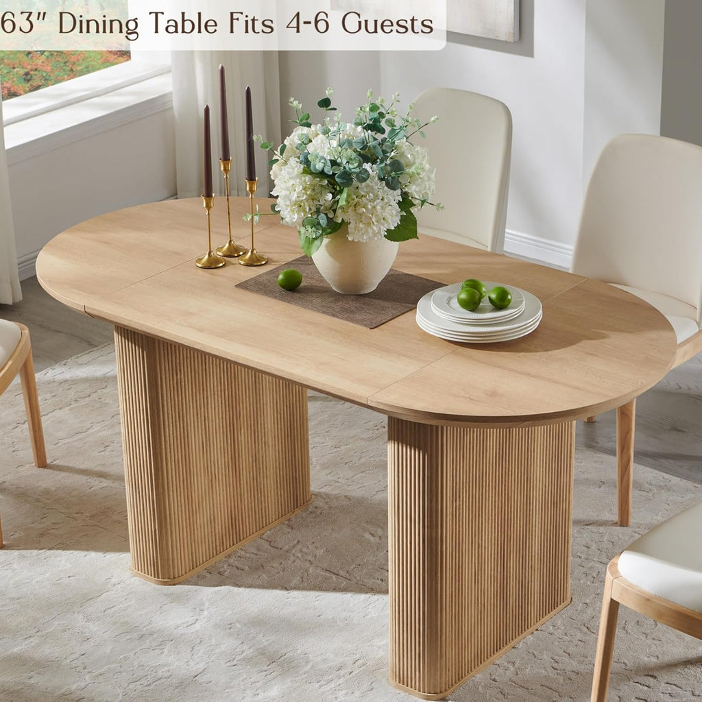 T4TREAM 63" Fluted Oval Dining Table for 4-6, Mid-Century Modern Kitchen Table with Thickened Edge & Strip Pedestal Base, Wood Luxury Table for Dining Room/Kitchen/Home Office,Natural Oak(Table Only)
