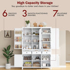 74.8" H Farmhouse Kitchen Pantry Cabinet with Pull-Out Trays, 53" L x 20" W Large Cupboard Storage Cabinet with 3 Drawers and Adjustable Shelves for Dining Room, Kitchen, White