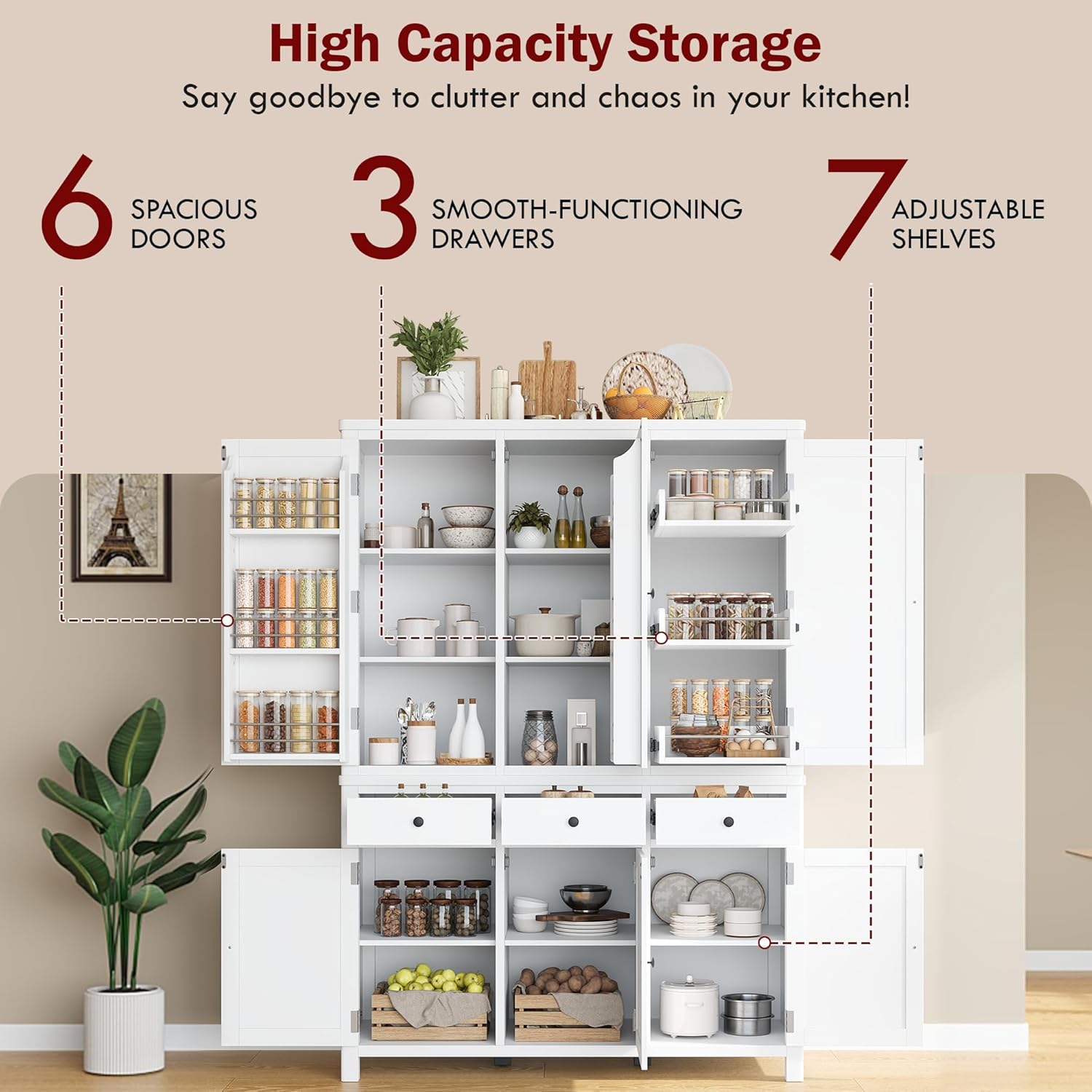 roomfitters 74.8" Kitchen Pantry Organizers and Storage Kitchen Cabinet, Storage Hutch with Door Spice Racks, 3 Drawers, White
