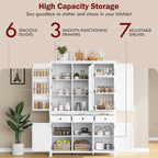 Freestanding Pantry Storage Cabinet with Adjustable Shelves, High Cupboard Cabinet with Door Shelves, Pull-Out Trays and Drawers for Kitchen, Dining Room, Living Room (White)