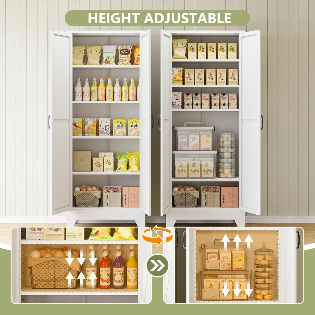 RAVIGIN Farmhouse Storage Cabinet,72" H Metal Pantry Cabinet with Barn Doors and Adjustable Shelves,72" H 6-Tier Rustic Pantry Organizers for Kitchen,Dining Room,White