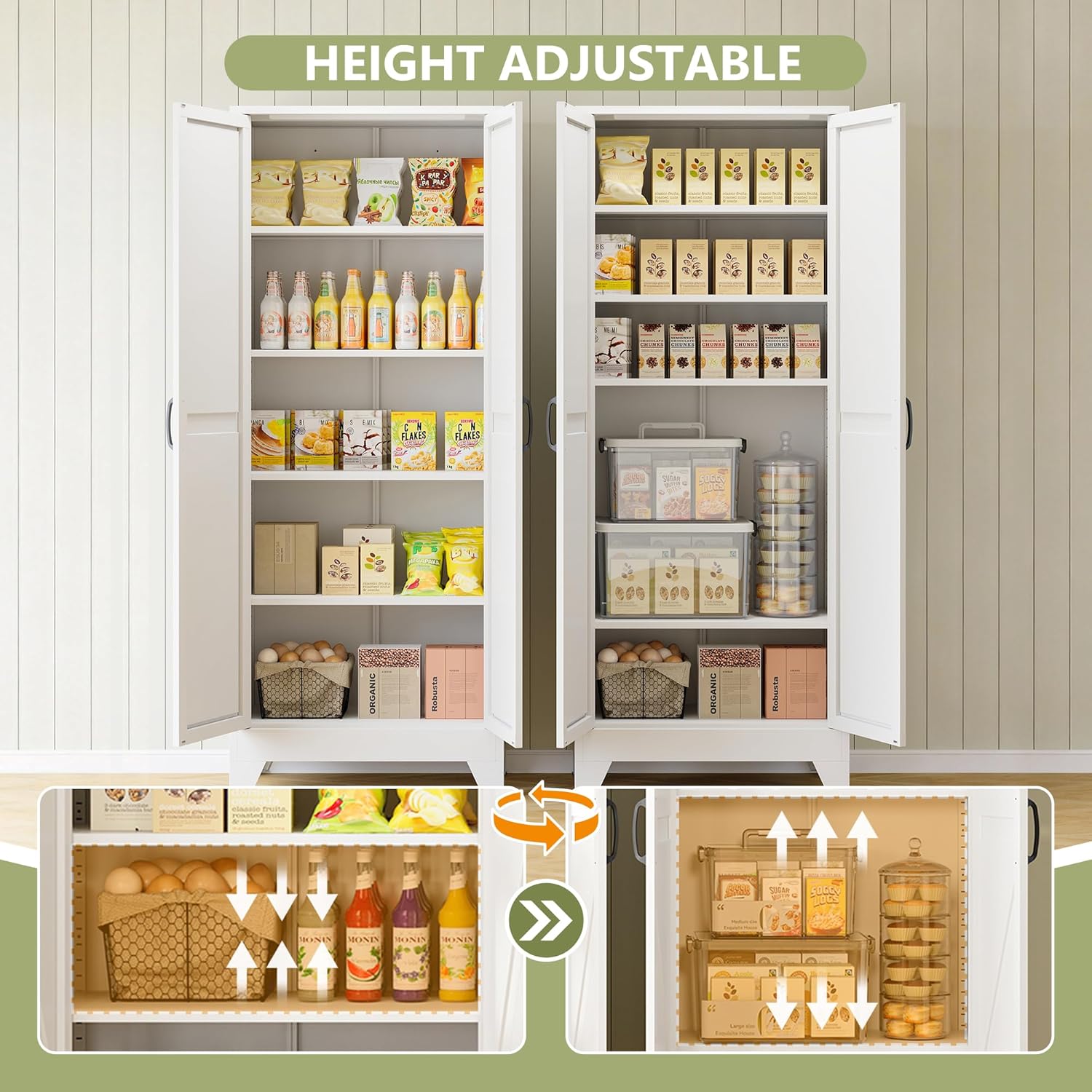 RAVIGIN Farmhouse Storage Cabinet,75" H Metal Pantry Cabinet with Barn Doors and Adjustable Shelves,75" H 6-Tier Rustic Pantry Organizers for Kitchen,Dining Room,White