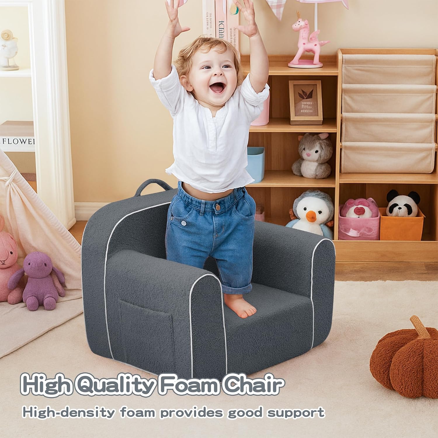 DAICO Soft Kids Bean Bag Chair with Armrests, Comfy Toddler Foam Sofa Chair for Boys and Girls, Toddler Play Couch for Reading Nook & Playing, Grey, Small