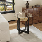 2-Tier Round End Side Table with 8mm Tempered Glass Top, Sofa Bedside Table with Cross Leg Metal Frame, 23.8"Dia x 24.4"H Circle Side Table with Wood Shelf for Living Room, Black Metal Leg CJZ-B2616-1