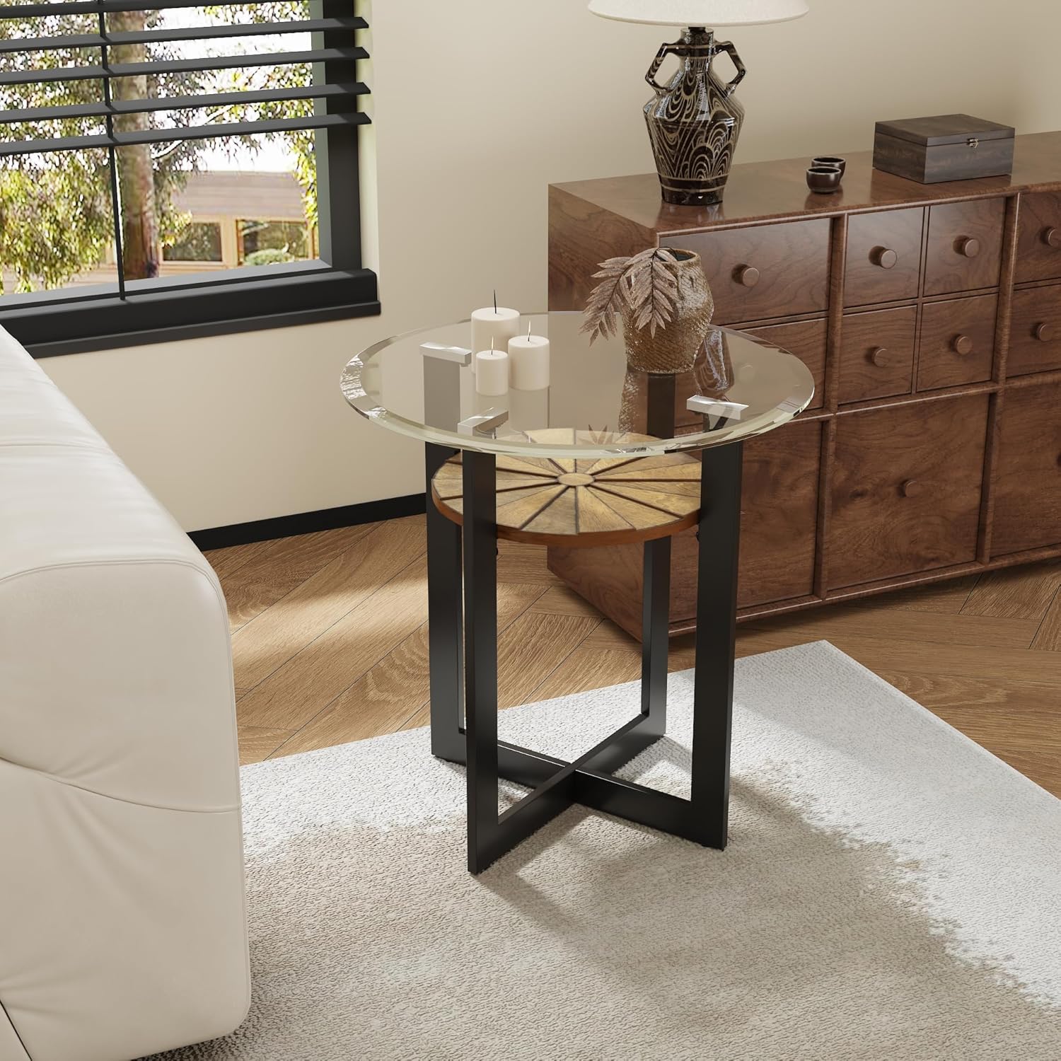 2-Tier Round End Side Table with 8mm Tempered Glass Top, Sofa Bedside Table with Cross Leg Metal Frame, 23.8"Dia x 24.4"H Circle Side Table with Wood Shelf for Living Room, Black Metal Leg CJZ-B2616-1