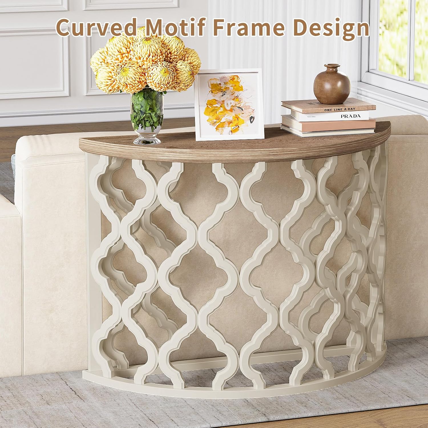 karlott Half Moon Console Table, 43.3" Solid Wood Veneer Tabletop Farmhouse Halfmoon Entryway Table, Painted, Sofa Behind the Couch Table, Half Circle Table for Living Room, Hallway, Easy Assembly