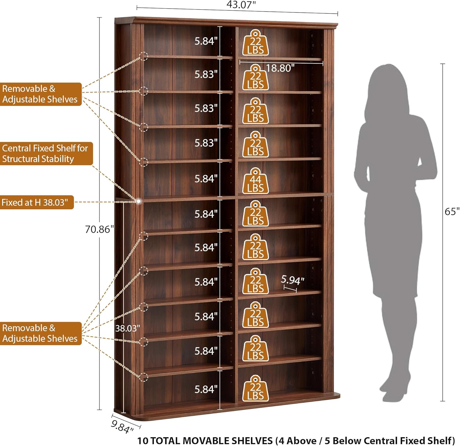 LEVNARY 71" Media Storage Tower, 22-Compartment Multimedia Cabinet with Adjustable Shelves, Fluted Grooved Sides, Anti-Tip Kit, for Movies, Games and Books (Walnut)