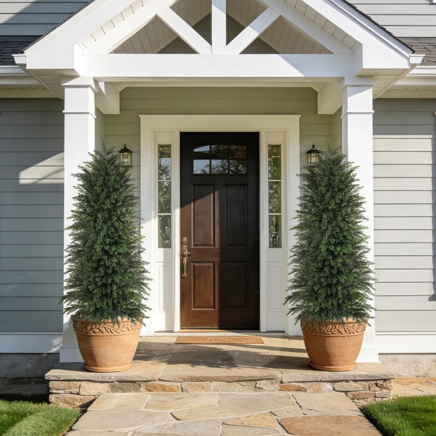 6FT Artificial Cedar Trees Set of 2, Realistic Faux Evergreen Topiary Bushes Plants, Outdoor Potted Fake Cypress Shrubs for Front Porch Garden Home Living Room Decor