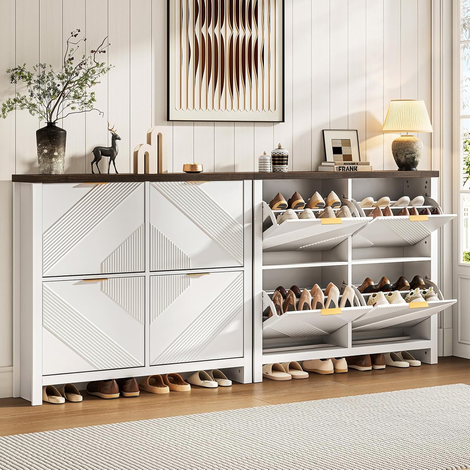 ONBRILL Shoe Cabinet with 4 Flip Drawers, 16-24 Pairs Shoe Organizer with Symmetric Groove Pattern, Freestanding Slim Hidden Shoe Storage Cabinet for Entryway, Hallway (White)