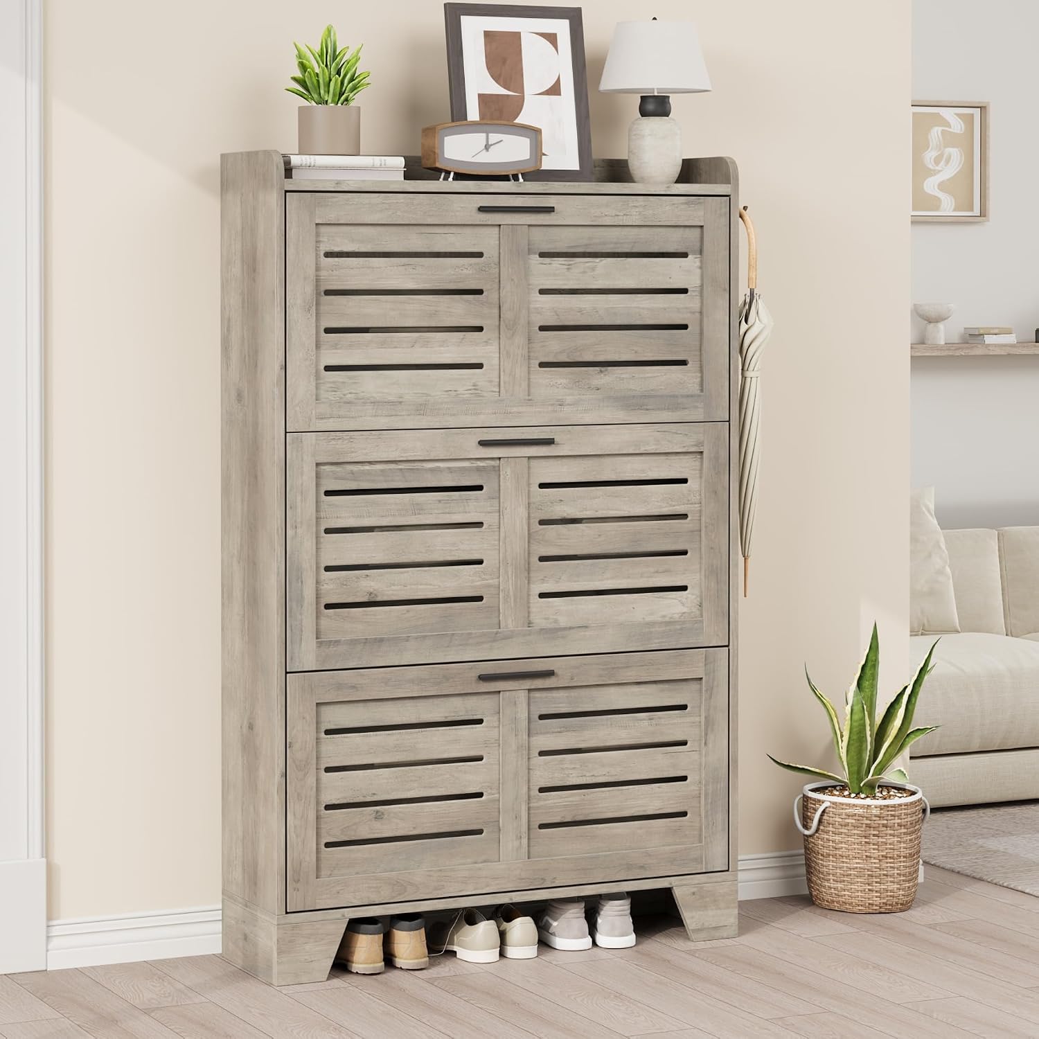 IDEALHOSUE Shoe Cabinet Storage for Entryway, Slim Shoe Storage Cabinet with 3 Flip Drawers, Freestanding Hidden Narrow Shoe Organizer Cabinet with Hooks for Entrance, Foyer, Hallway, Gray