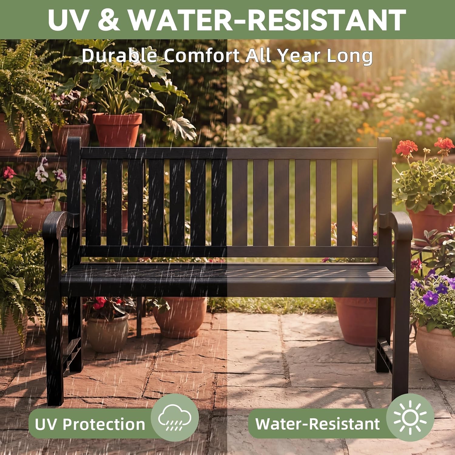 Outdoor Bench, 2-Person Outdoor Benches Weatherproof with 600 lbs Weight Capacity, Low Maintenance, Garden Bench for Patio, Park, Porch, Backyard, Balcony and School (Black)