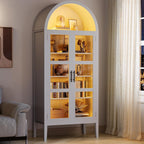 70" Tall Arched Pantry Cabinet with Tempered Glass Doors and LED Lighting - Modern Wood Display Storage with Adjustable Shelves and Acrylic Side Panels - for Kitchen, Dining, Living Room -