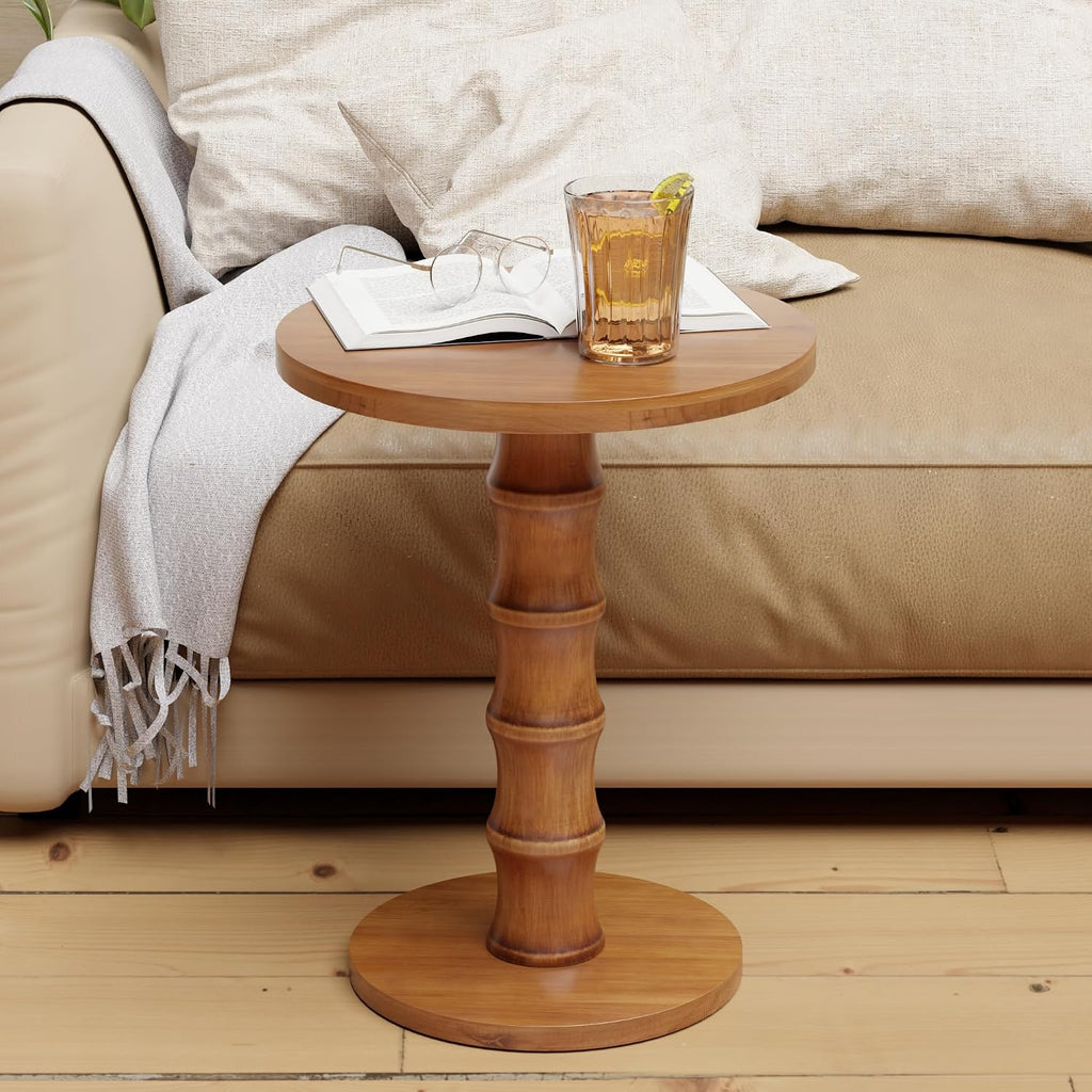 COZAYH Solid Cedar Pedestal End Table with Turned Wood Base, Round Wooden Side Table, Small Space Accent Table for Living Room or Entryway, Warm Natural