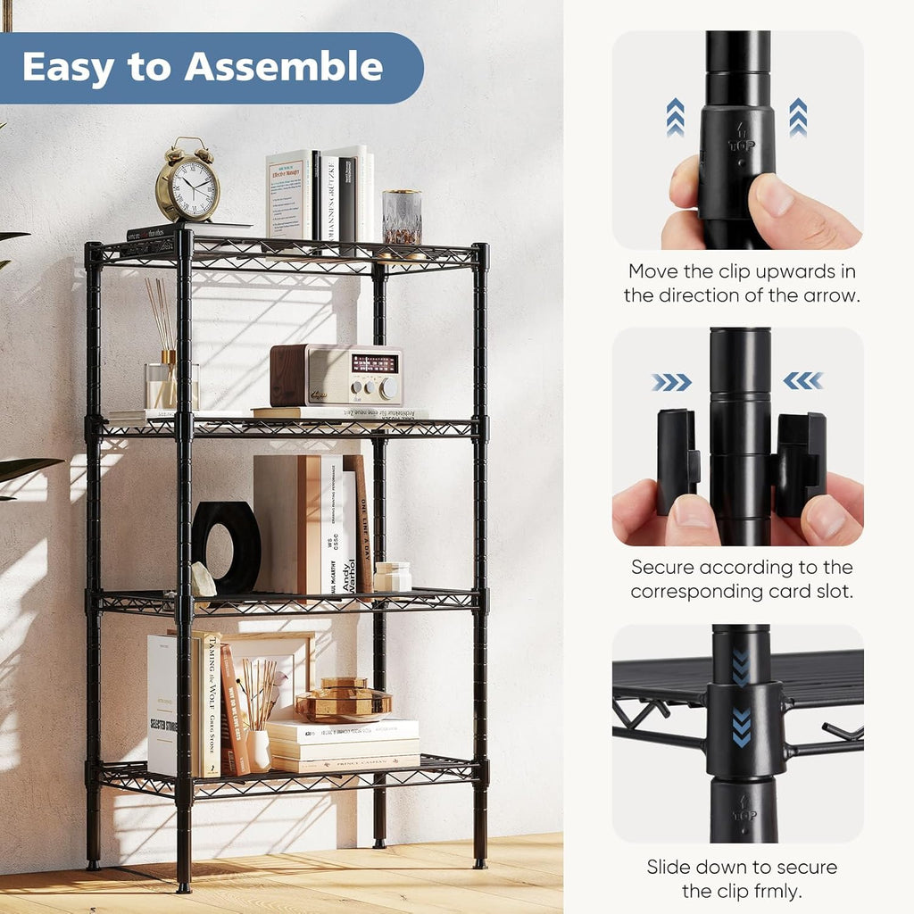 DUMOS 4-Tier Metal Wire Storage Shelves, Adjustable Standing Storage Rack Shelf, Heavy Duty Steel Shelving Unit Organizers for Kitchen Bathroom Pantry Garage, 23.3" Wx13.4 Dx47 H, Black