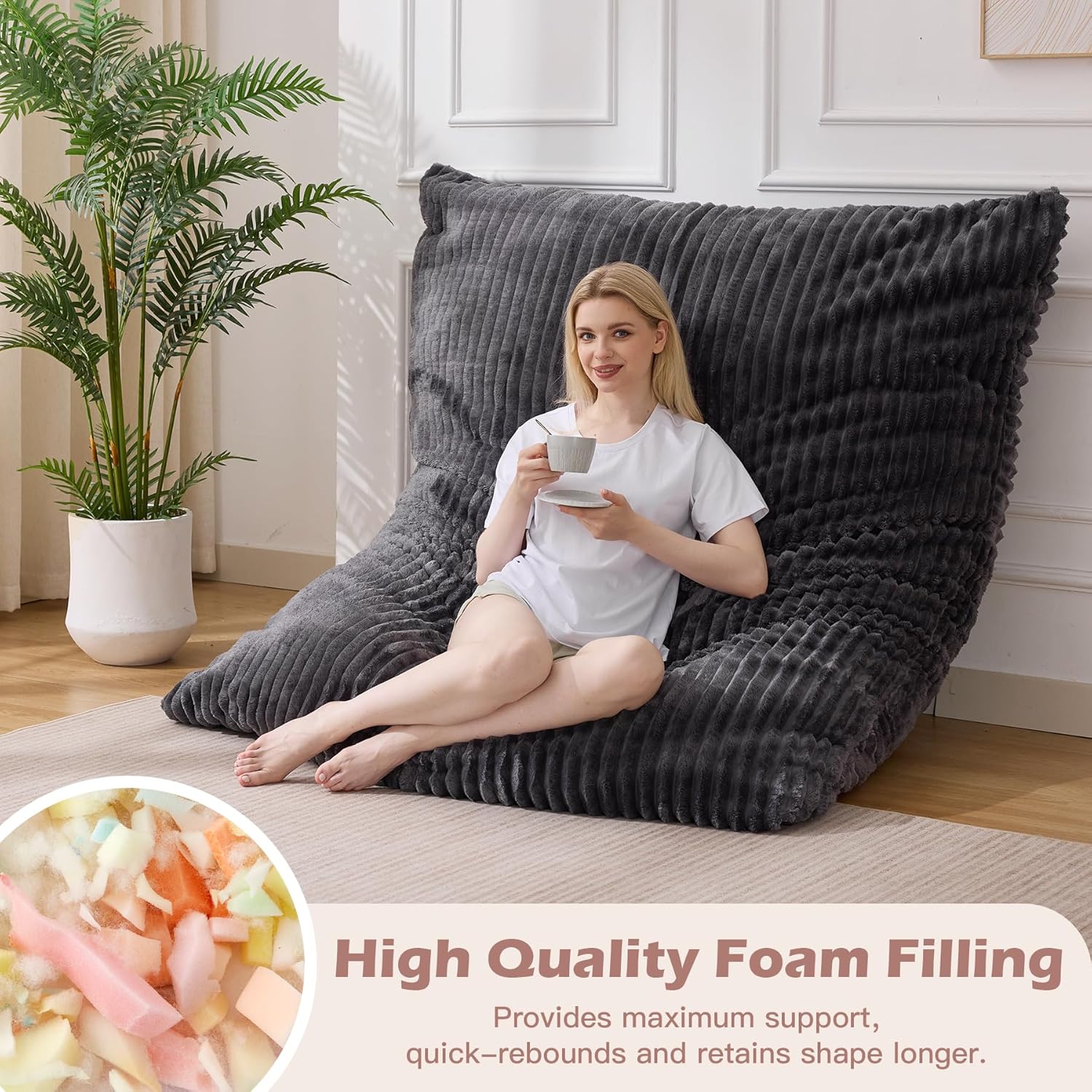 Bean Bag Chair, Giant Bean Bag Chair, 4 in 1 Convertible Beanbag Chairs for Adults with Removable Cover, Memory Foam Floor Cushions, Living Room, Bedroom, Dark Grey