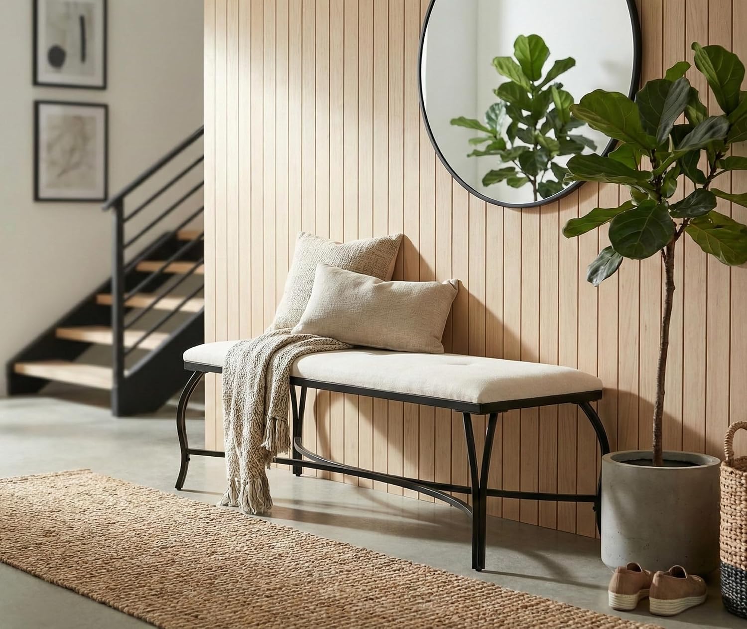Mango Steam Vienna White Bench - Entryway Bench - Powder Coated, Upholstered, Space Saving