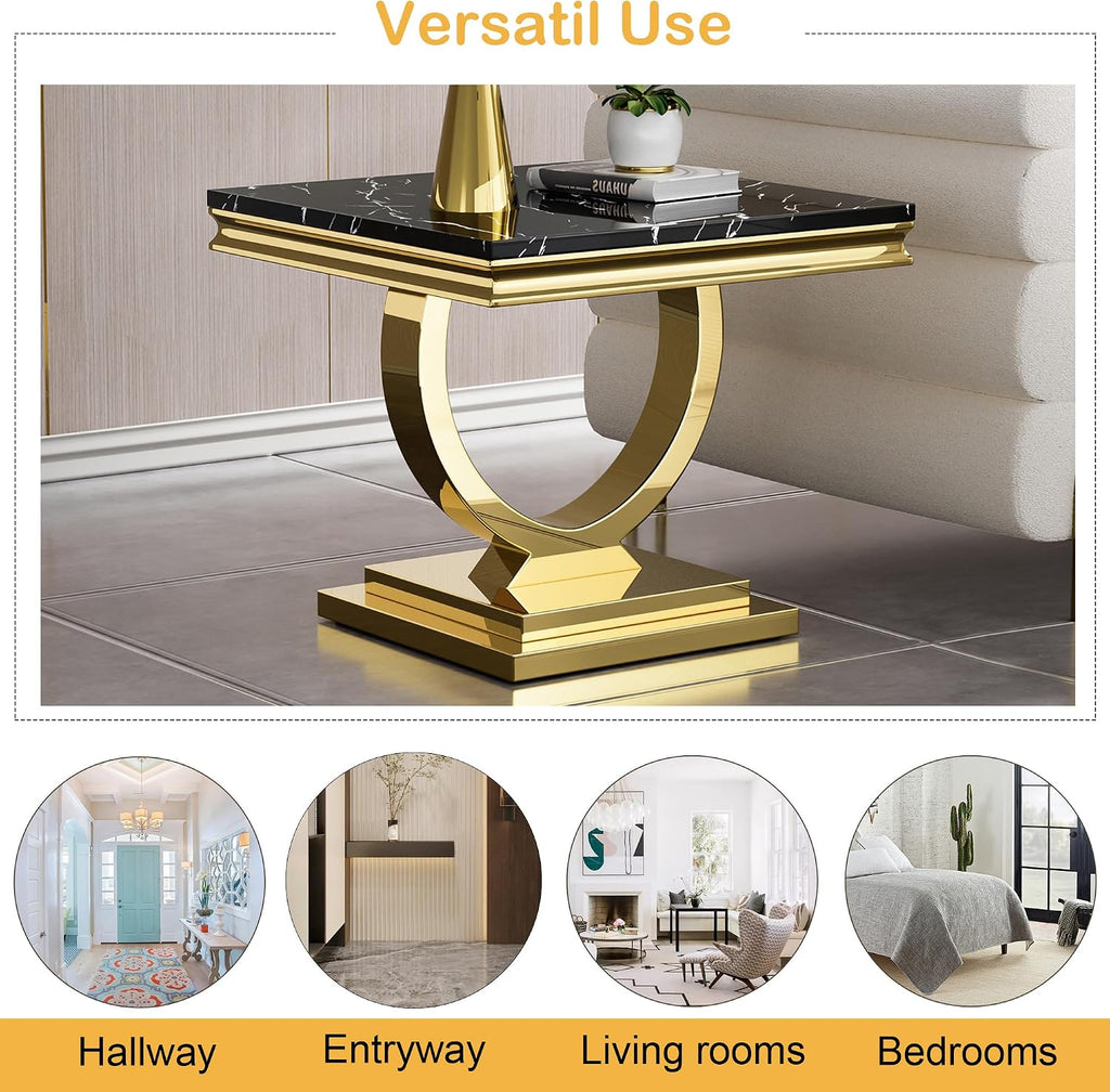 Modern Marble End Table, 22.8" Square Black Side Tables with Gold Stainless Steel O-Shaped Base, Faux Marble End Table Nightstand Bedside Tables for Living Room Bedroom Office