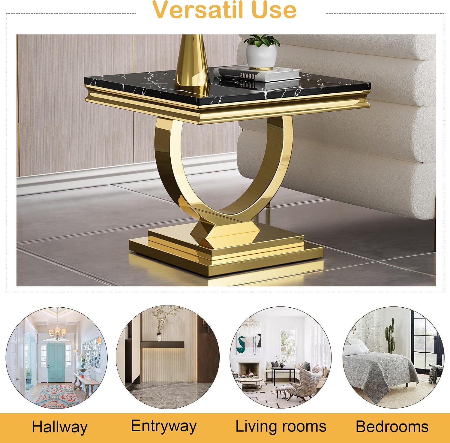Modern Marble End Table, 22.8" Square Black Side Tables with Gold Stainless Steel O-Shaped Base, Faux Marble End Table Nightstand Bedside Tables for Living Room Bedroom Office