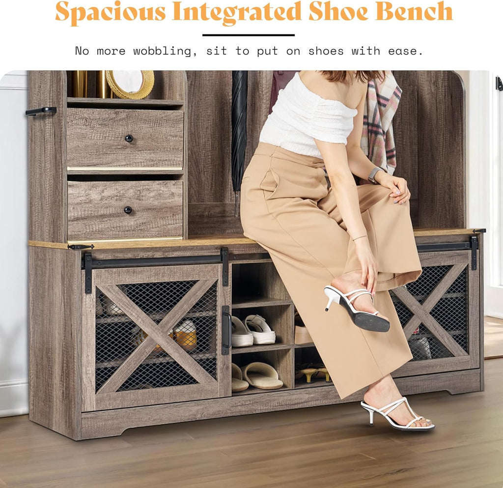 AMERLIFE 75"H 7-in-1 Farmhouse Hall Tree with Bench and shoe storage, LED Entryway Bench with Coat Rack, 12 Shoe Cubbies, 2 Drawers, Barn Doors & Adjustable Shelf, Mudroom Hallway Cabinet, Rustic Grey