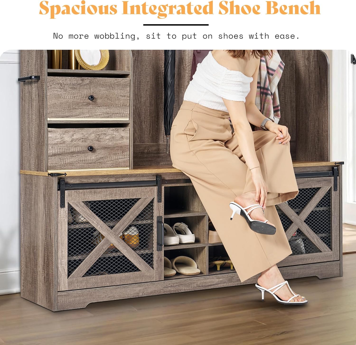 AMERLIFE 75"H 7-in-1 Farmhouse Hall Tree with Bench and shoe storage, LED Entryway Bench with Coat Rack, 12 Shoe Cubbies, 2 Drawers, Barn Doors & Adjustable Shelf, Mudroom Hallway Cabinet, Rustic Grey