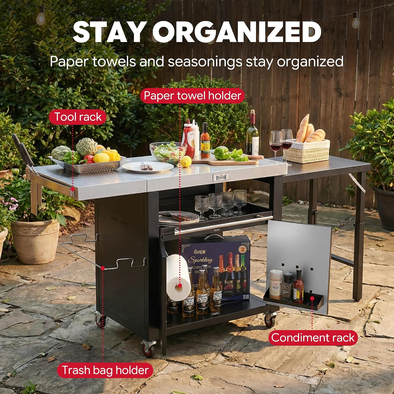 Feasto Outdoor Kitchen Island with Cabinet, 74” x 26” Rolling Grill Table | Grill Table with Stainless Steel Top for Pizza Oven& Griddles, Movable Bar Cart with Pull-Out Plate for Parties & Gathering